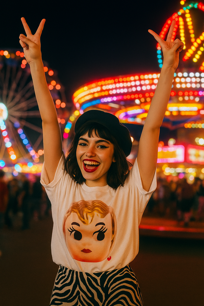 Ladies T-Shirt - Gold Kewpie Head design with Pink Heart deco